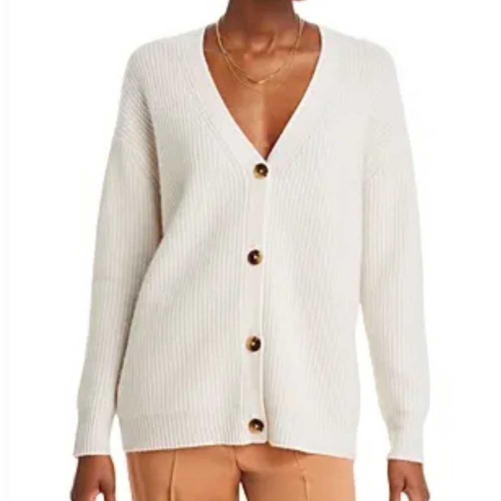 Bloomingdale's 100% Cashmere 2-Ply V-Neck Button Front Cardigan Gray Small FLAWS